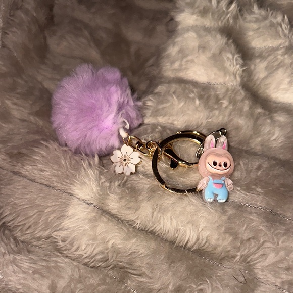 Handmade Other - Cute Keychain with Purple Pom Pom and labubu Charm
